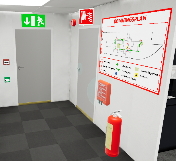 3D-miljø fra BrannVRn VR-simulatoren med brannslukker og rømningsplan