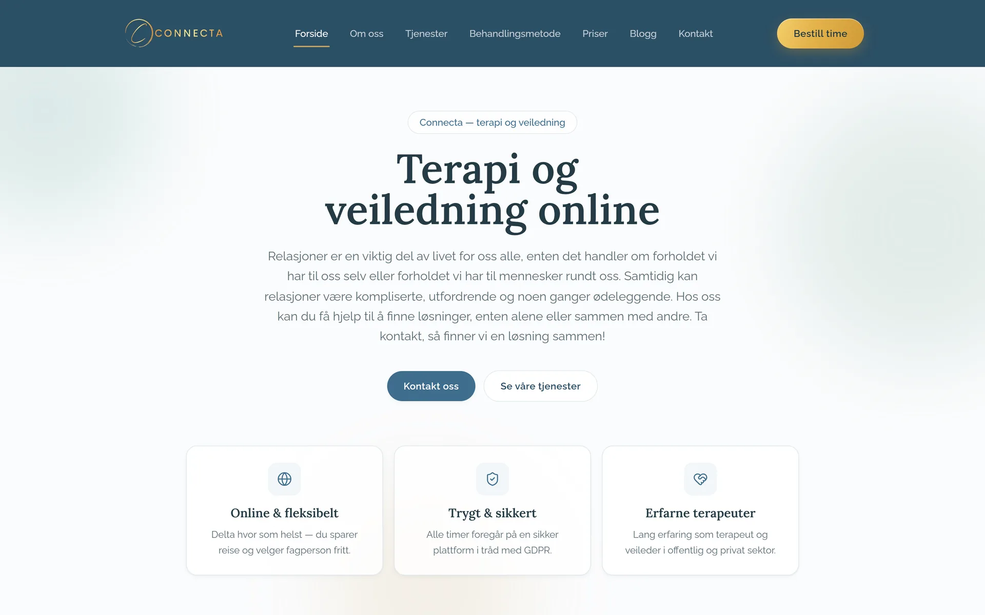 Connecta forside etter: lys hero med eyebrow, tydelig overskrift, knapper og tre trygghetskort.