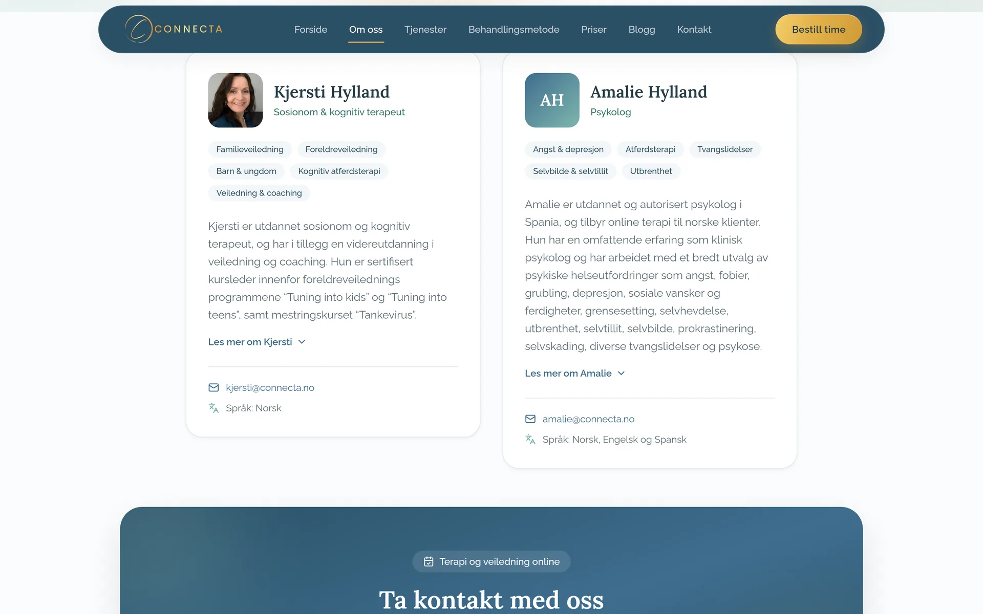 Om oss etter: profilkort med bilde, fagfelt som merkelapper og samlet kontaktinfo.