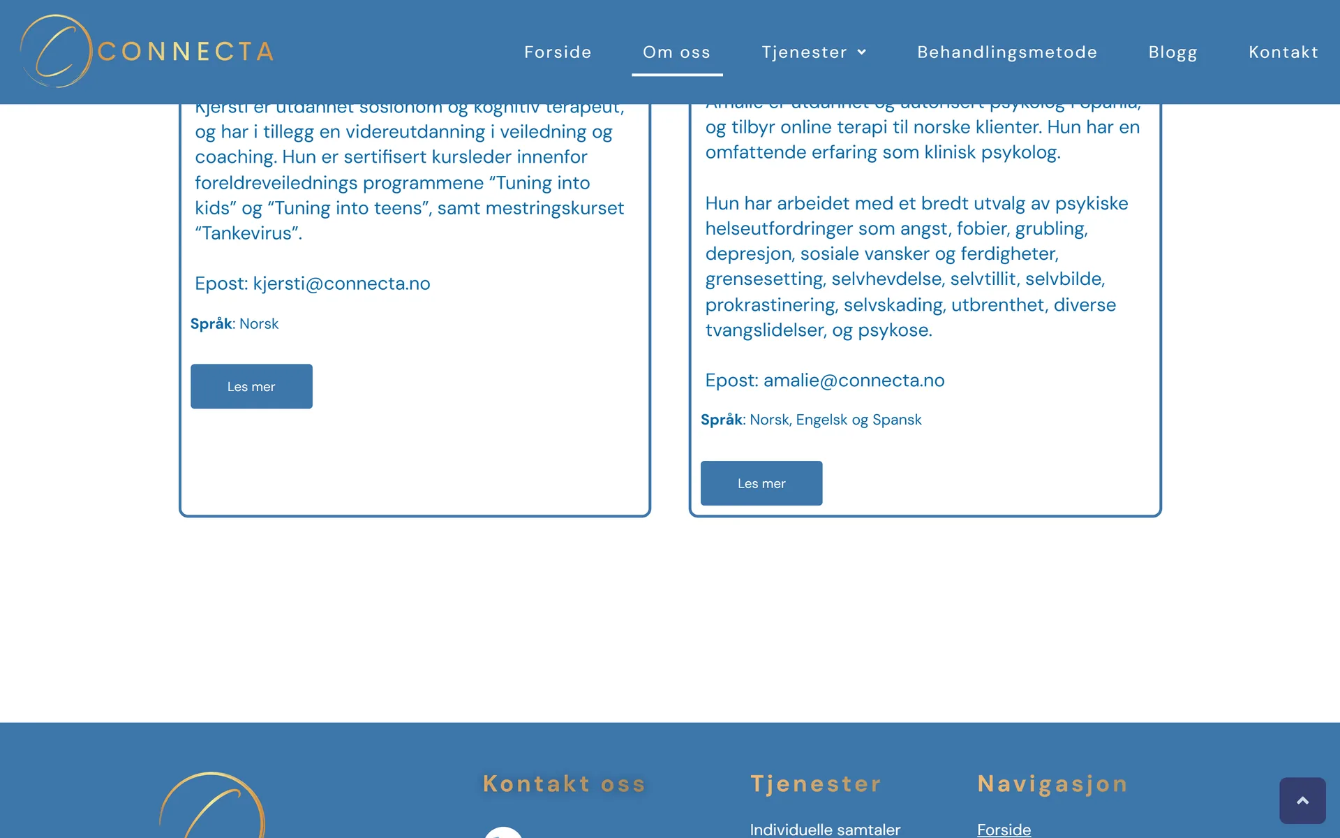 Om oss før: terapeutene presentert som avkuttede tekstkolonner.